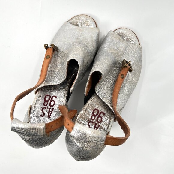 A.S 98 Leather Metallic Ankle Straps Heel Sandals - Picture 4 of 6